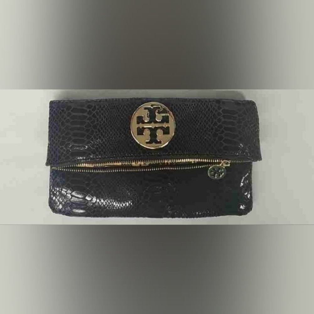 Tory Burch Black Animal Python Chain Fold Crossbo… - image 3